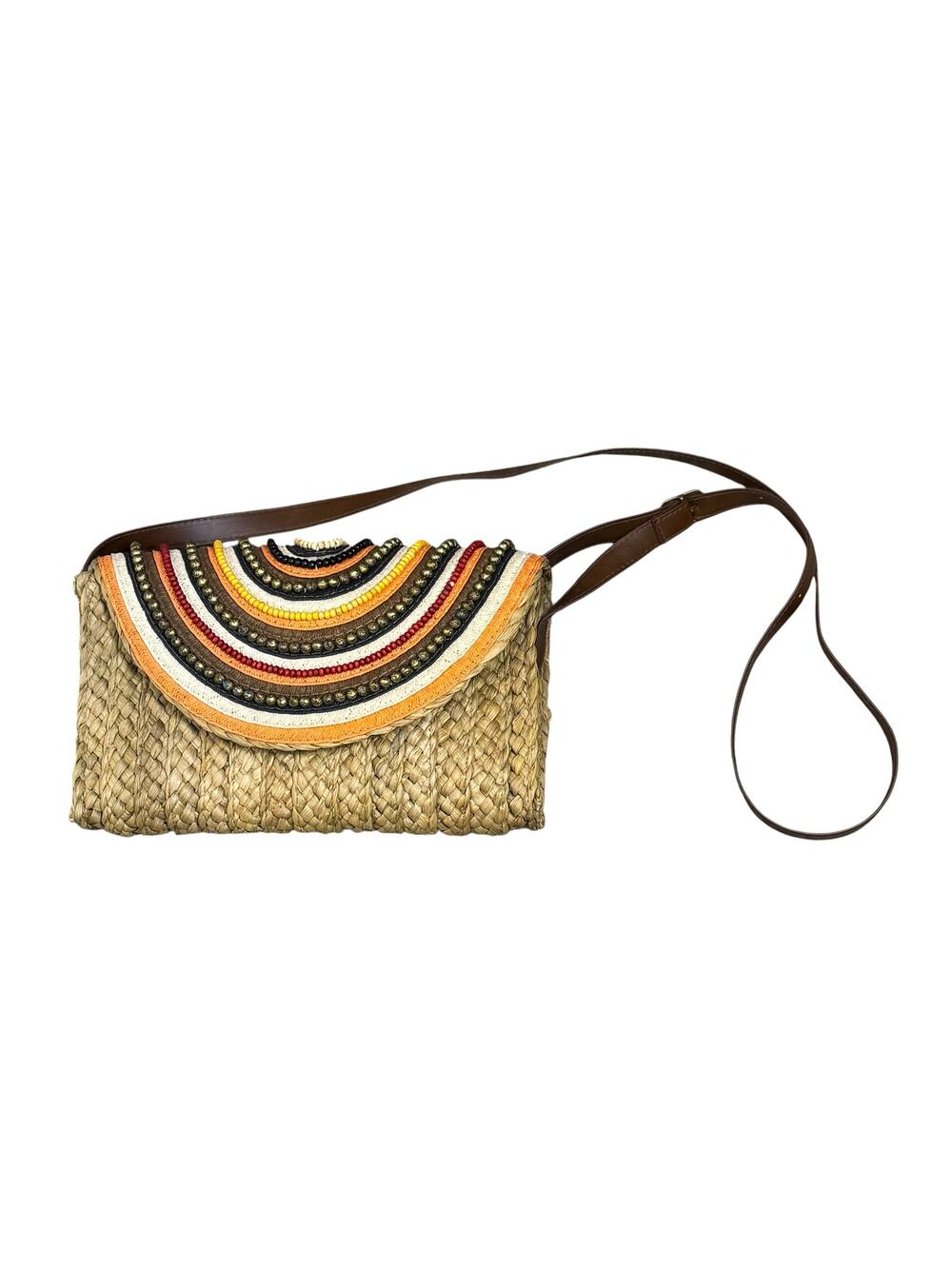 Sun and Sand Wicker Beaded Flap Closure Shoulder Bag Purse